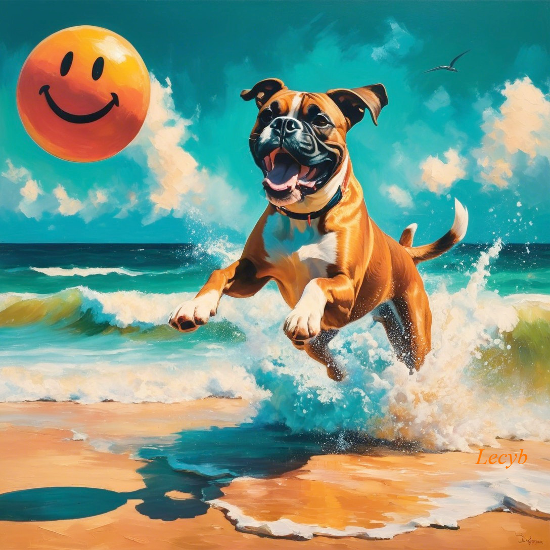 Joyful dog leaping through waves on sunny beach