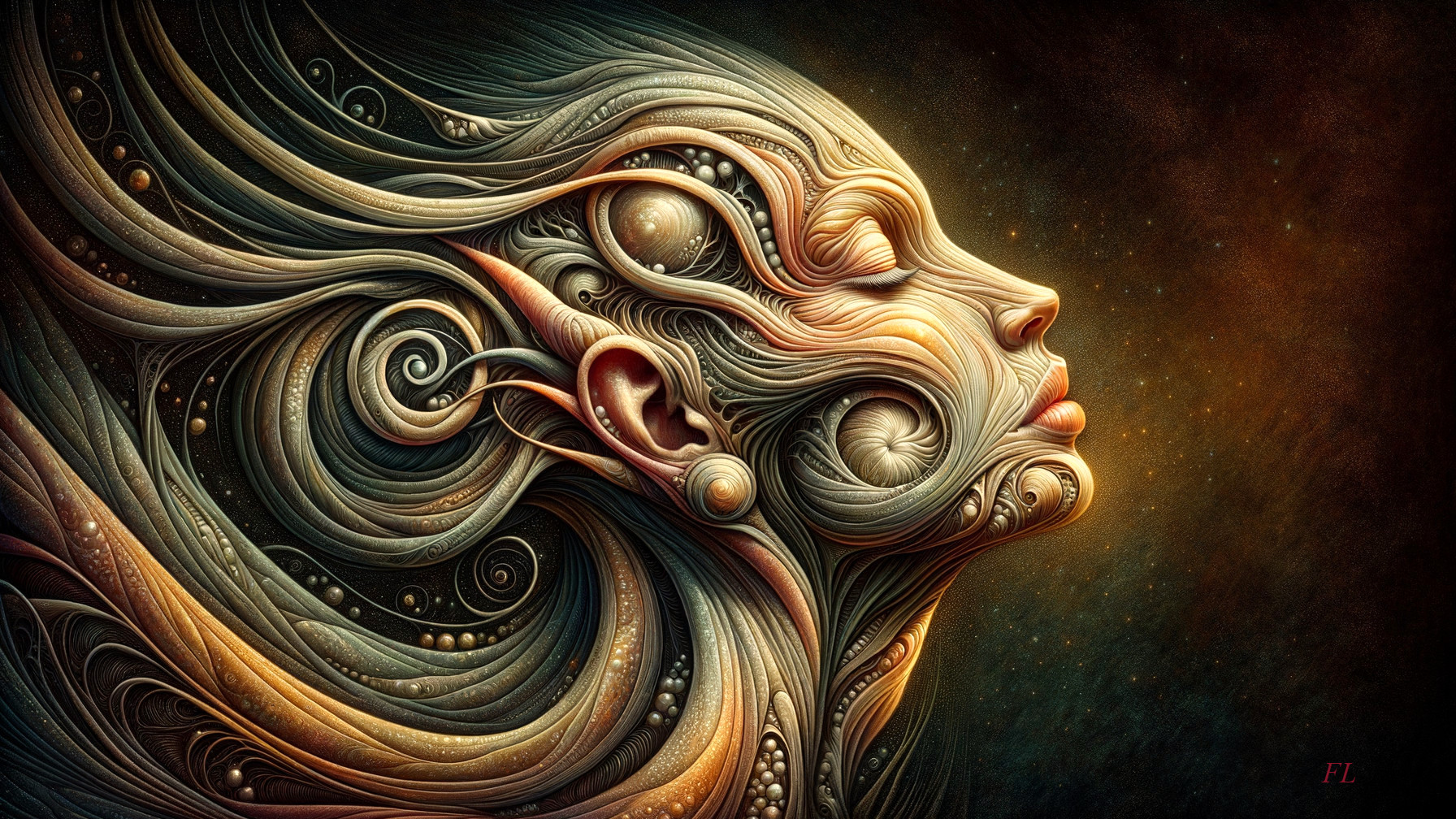 Surreal Face with Flowing Lines and Organic Shapes