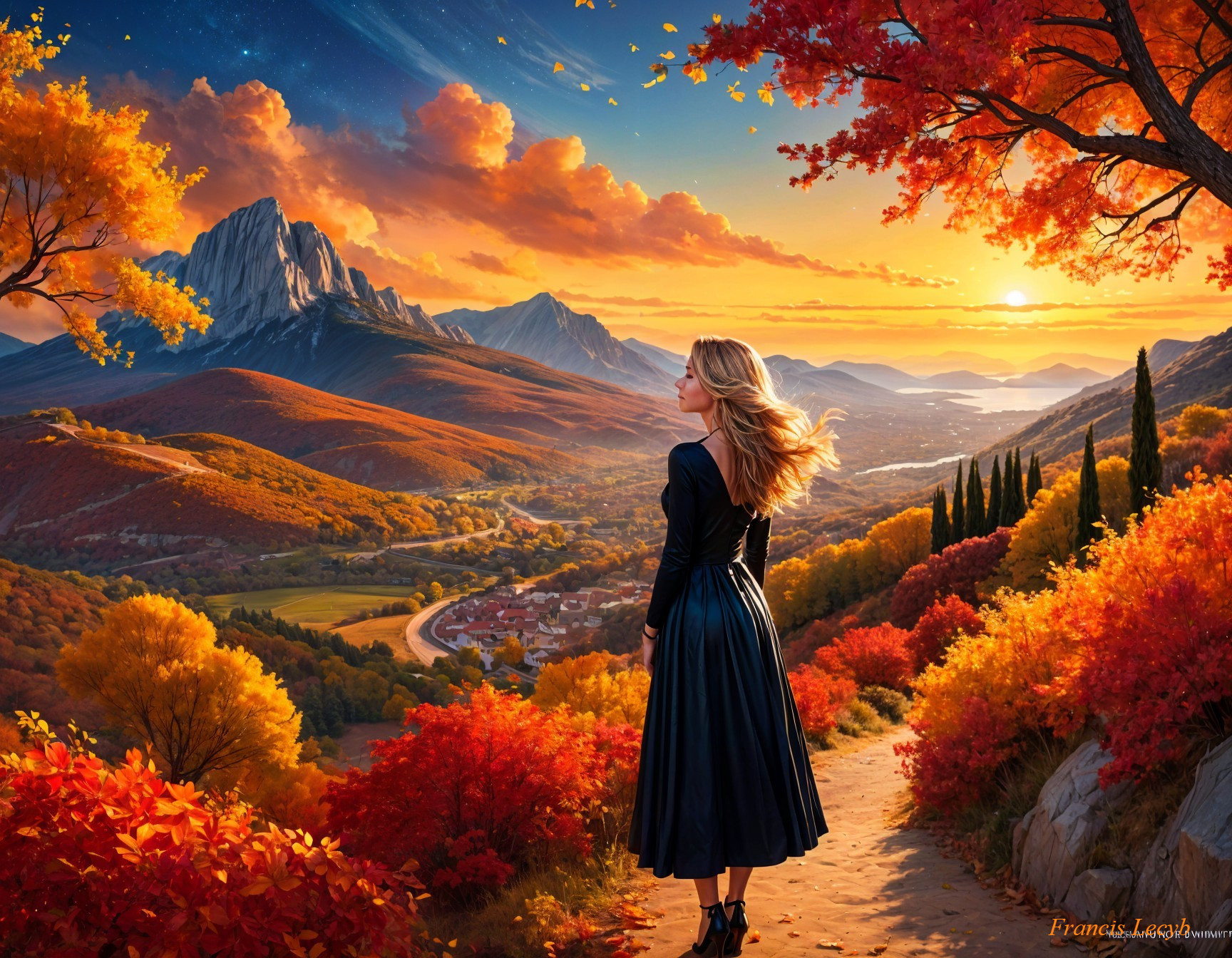 Autumn Landscape with Vibrant Foliage and Sunset