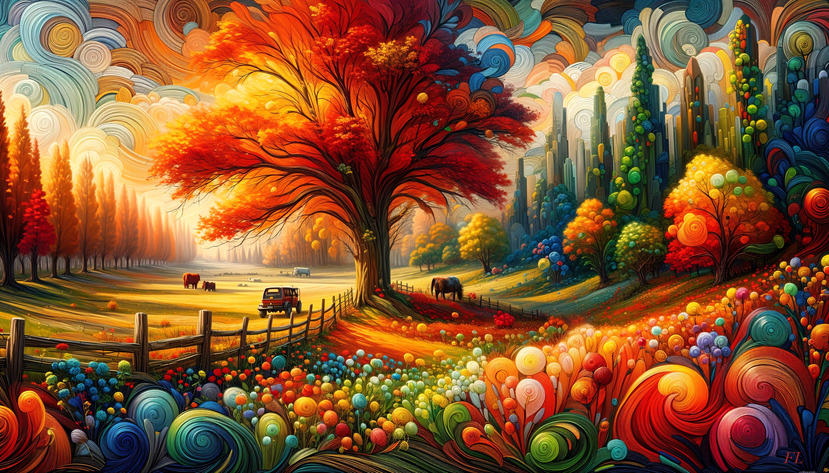 Vibrant Landscape with Red Tree and Colorful Flowers