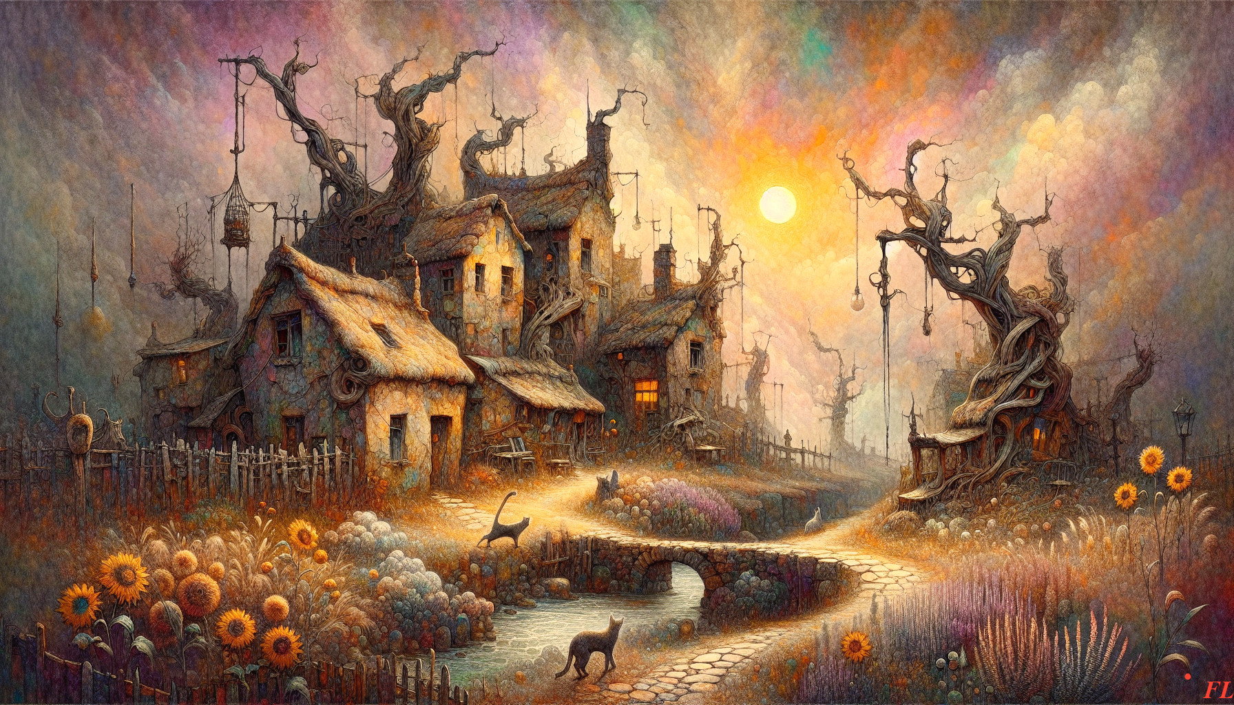 Whimsical Landscape with Quaint Houses and Nature