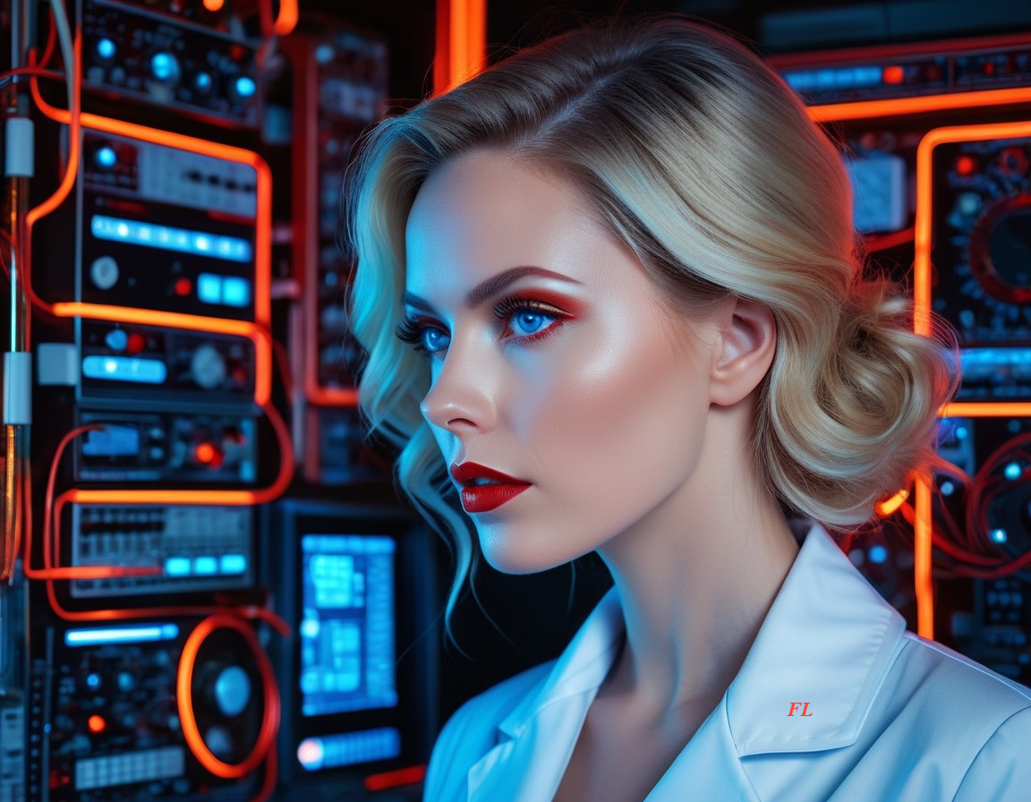 Profile of a Woman in Neon-Lit Technology Setting