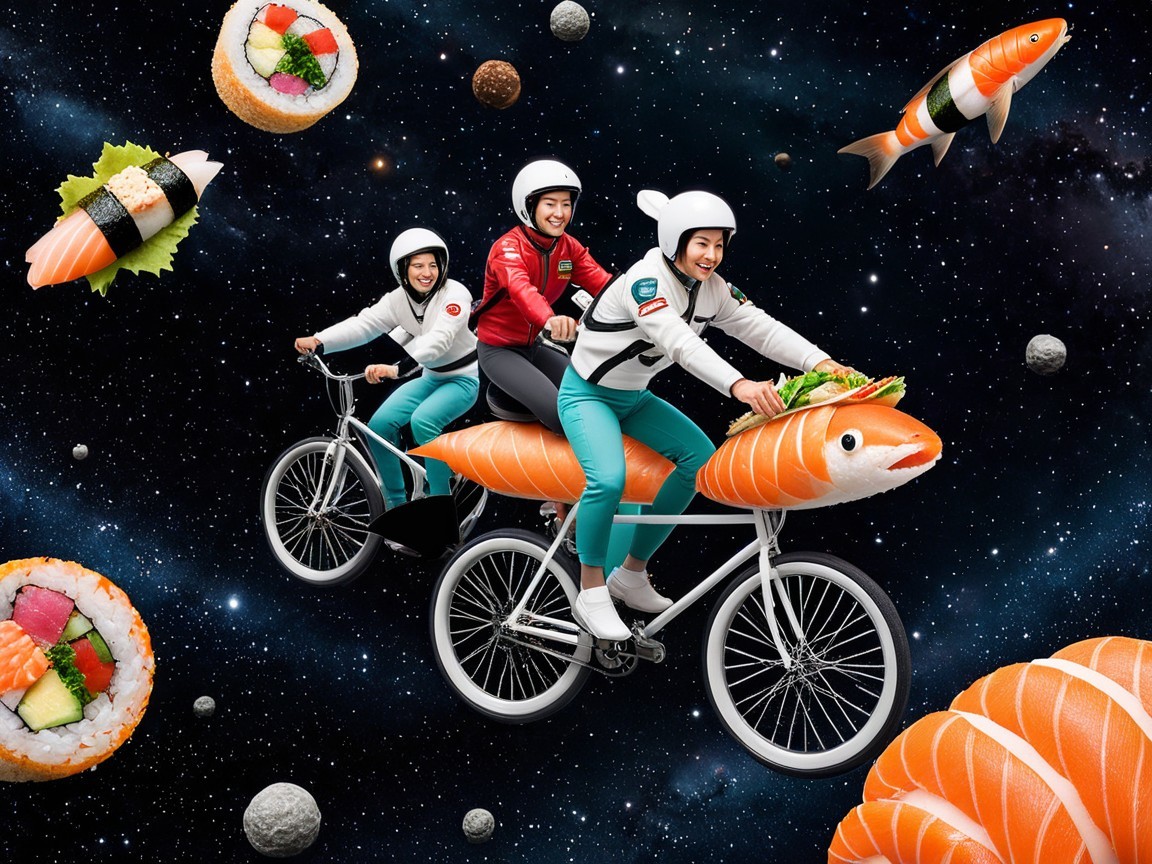 Astronauts on Bicycles Surrounded by Floating Sushi