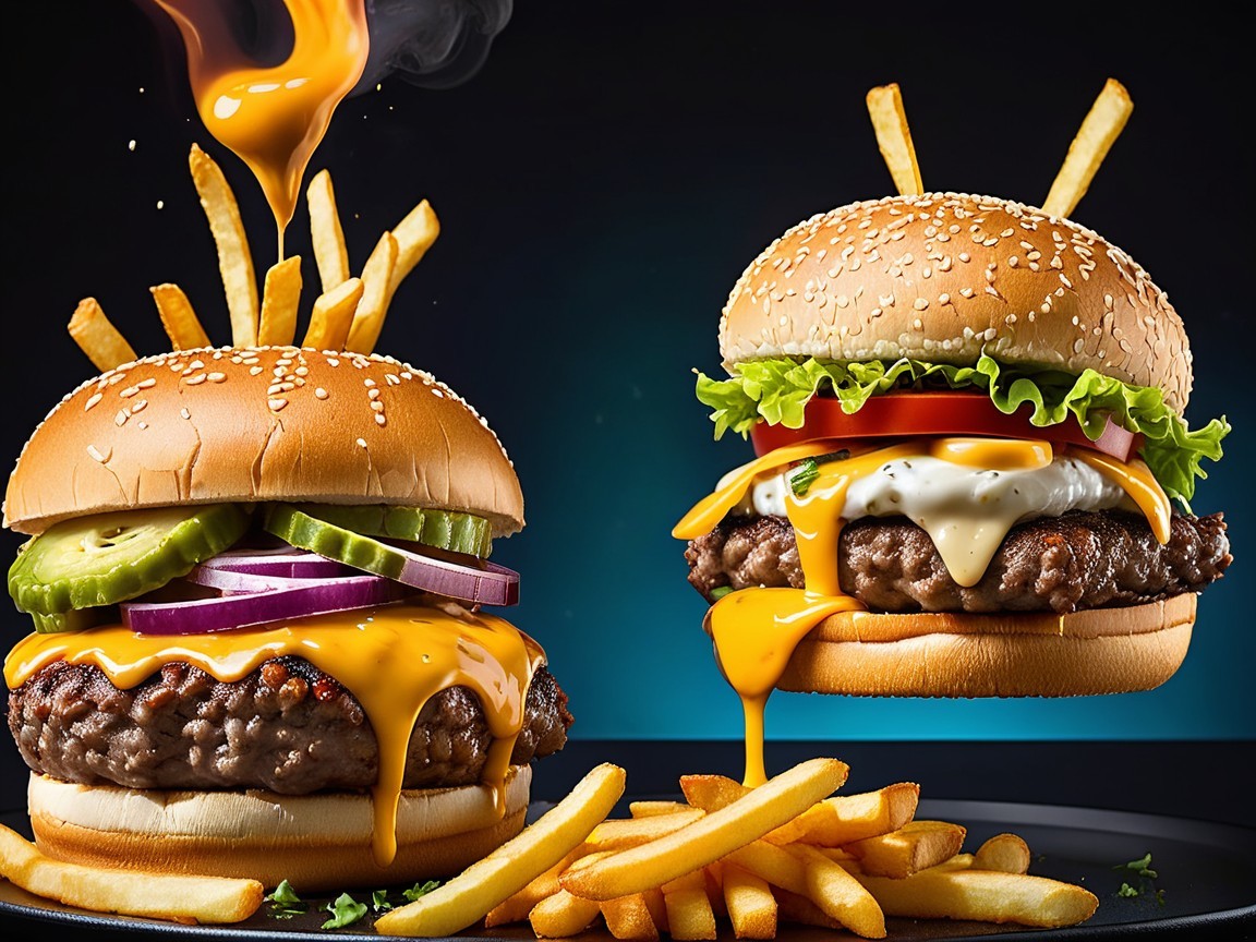 Two Gourmet Burgers with Fresh Ingredients and Fries
