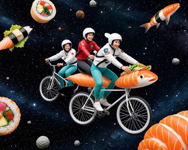 Astronauts on Bicycles Surrounded by Floating Sushi