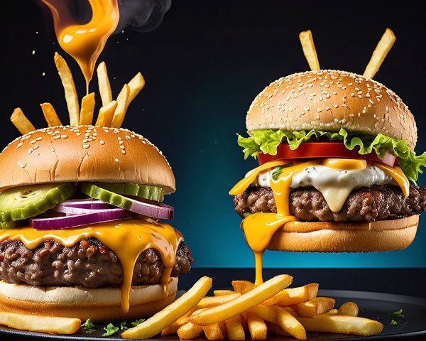 Two Gourmet Burgers with Fresh Ingredients and Fries