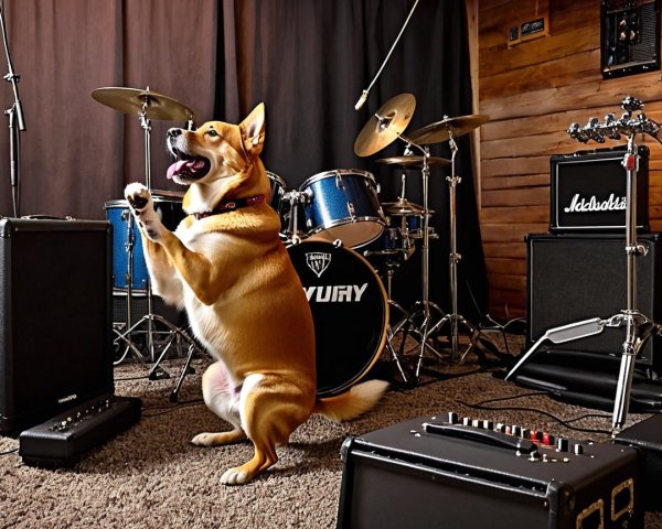 Cheerful dog in music rehearsal space with instruments