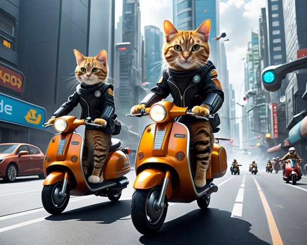 Cats with human-like faces on scooters in cityscape