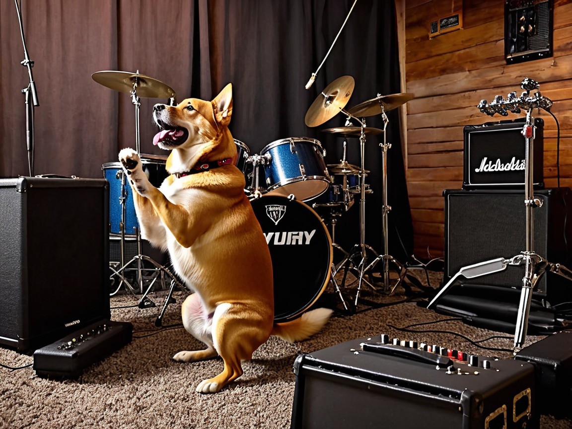 Cheerful dog in music rehearsal space with instruments