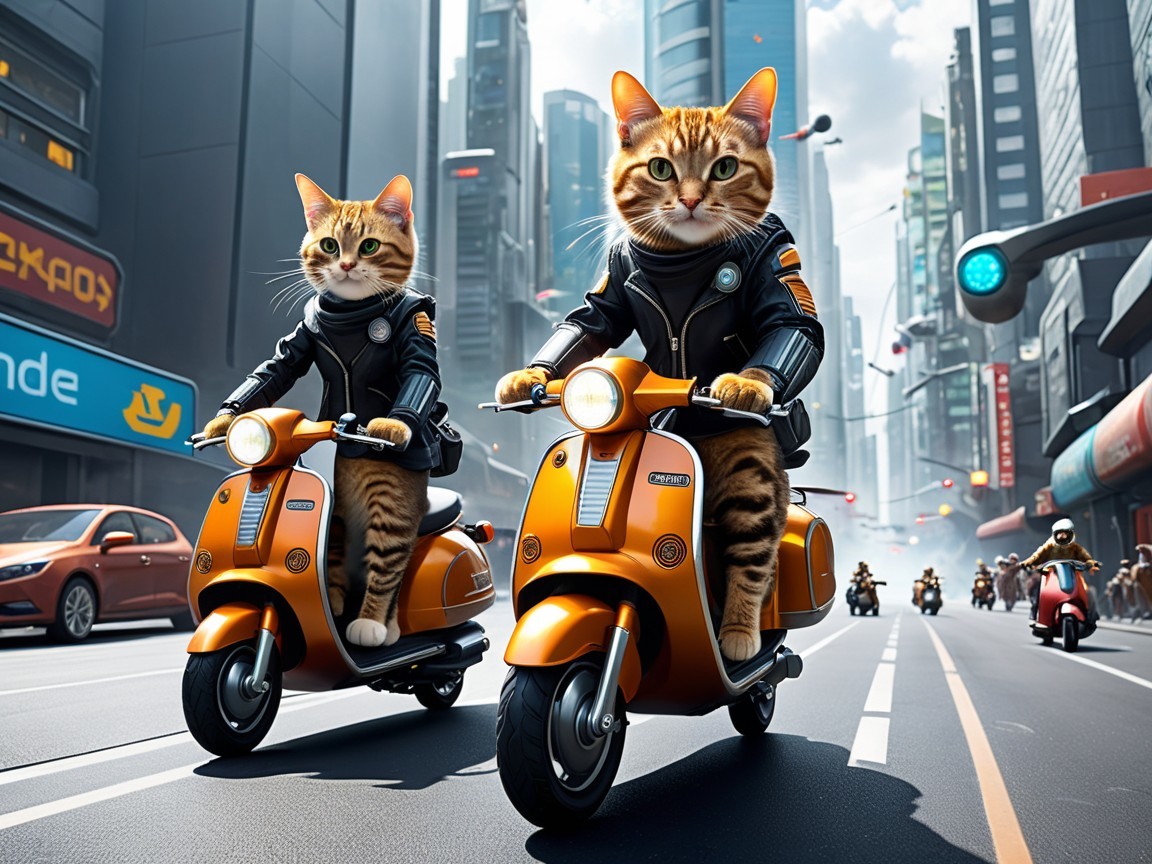 Cats with human-like faces on scooters in cityscape