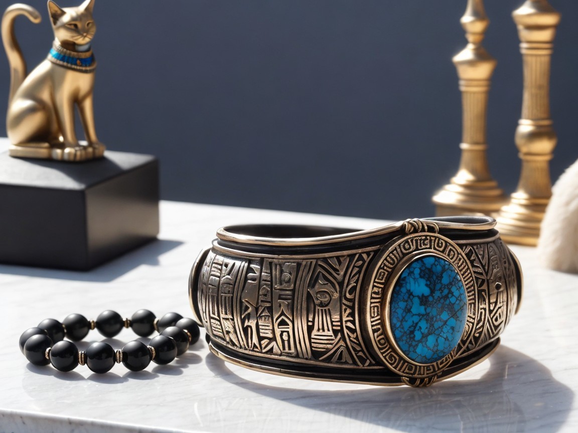 Bronze Cuff Bracelet with Hieroglyphics and Turquoise Stone