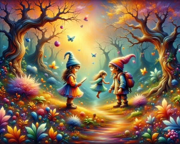 Children Exploring a Whimsical Enchanted Forest