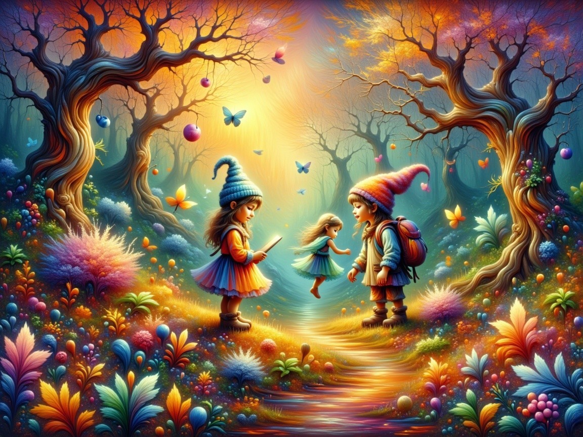 Children Exploring a Whimsical Enchanted Forest