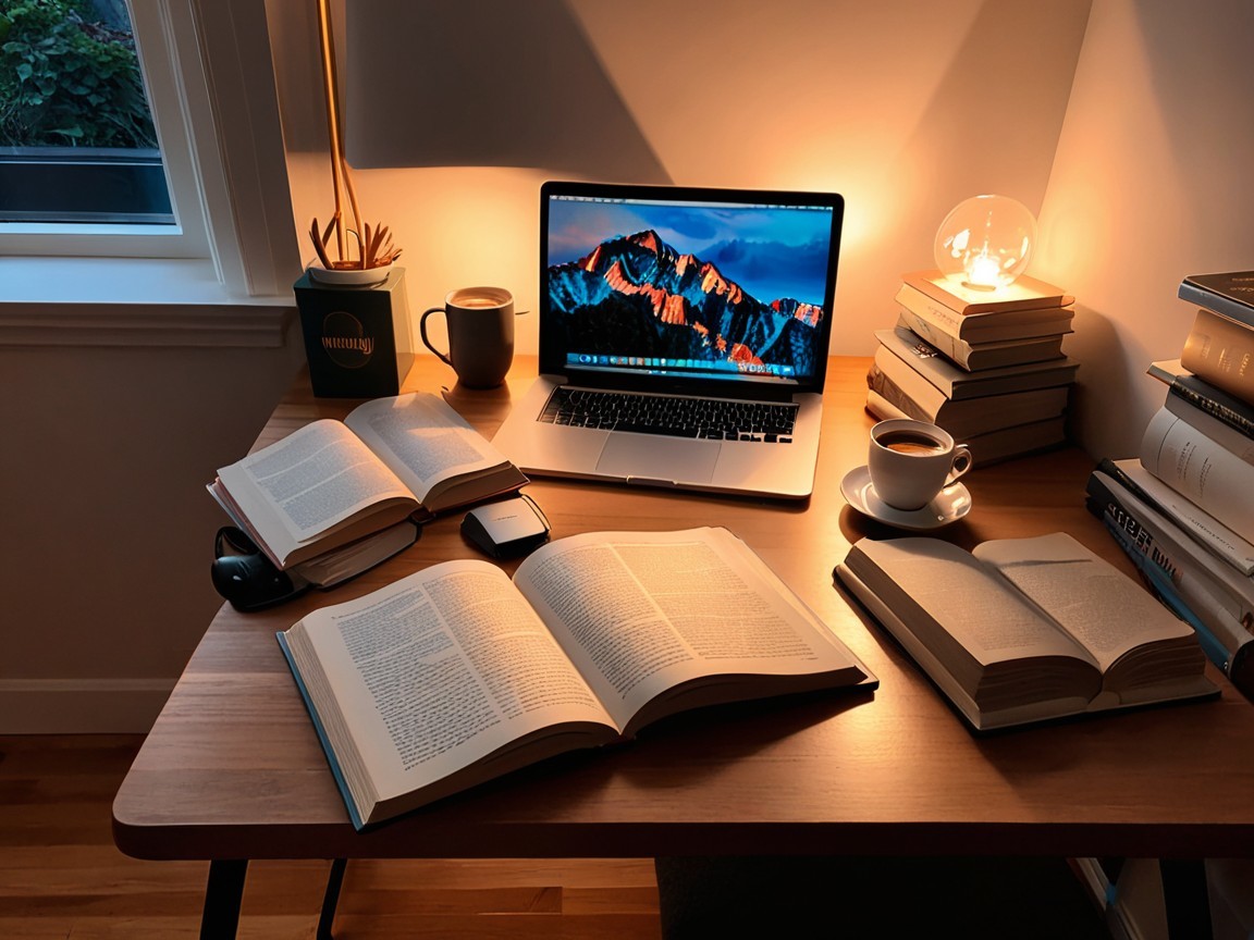 Cozy Study Scene with Warm Lighting and Books