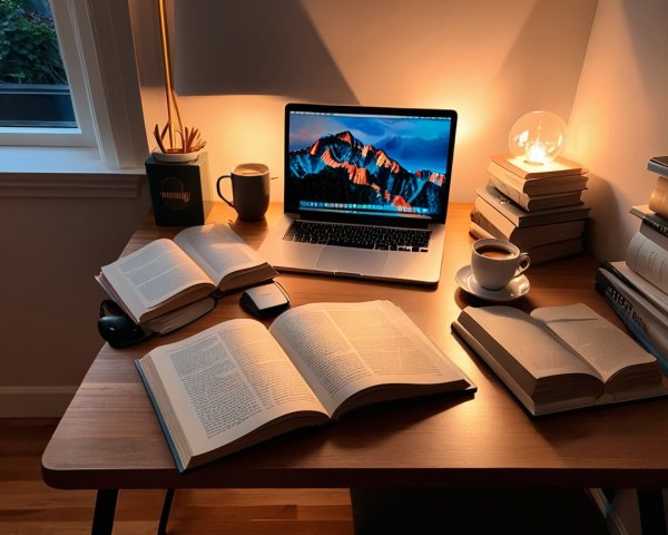 Cozy Study Scene with Warm Lighting and Books