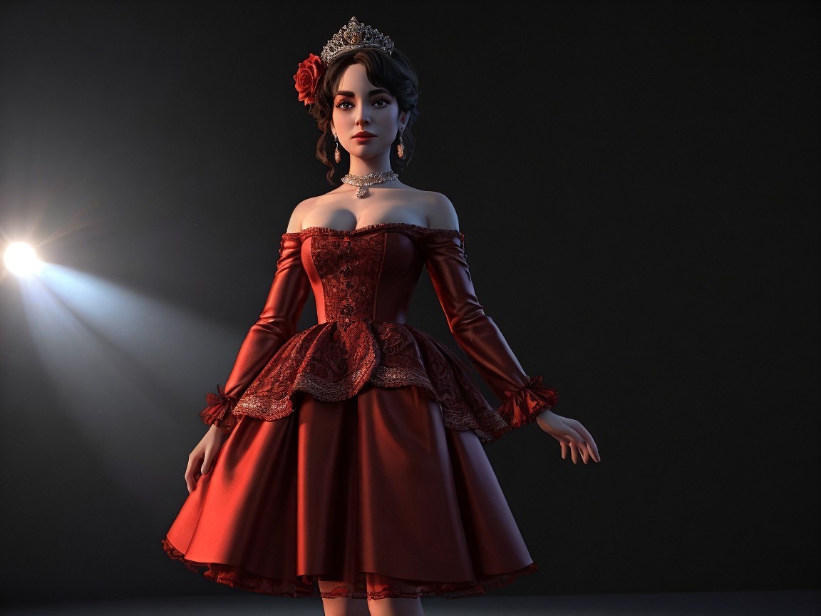 Young Woman in Elegant Red Gown Under Spotlight