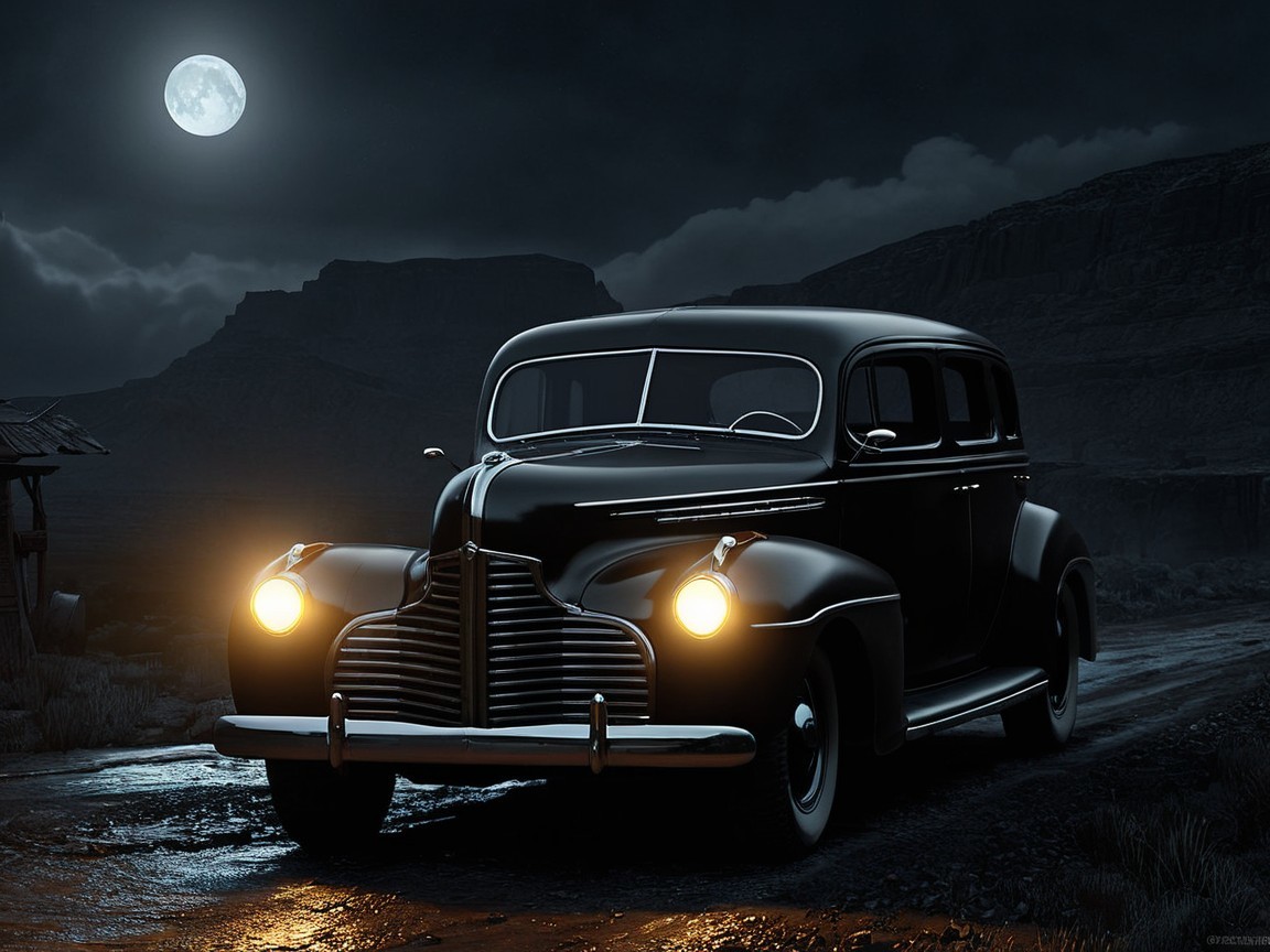 Vintage Black Car on Dirt Road Under Full Moon