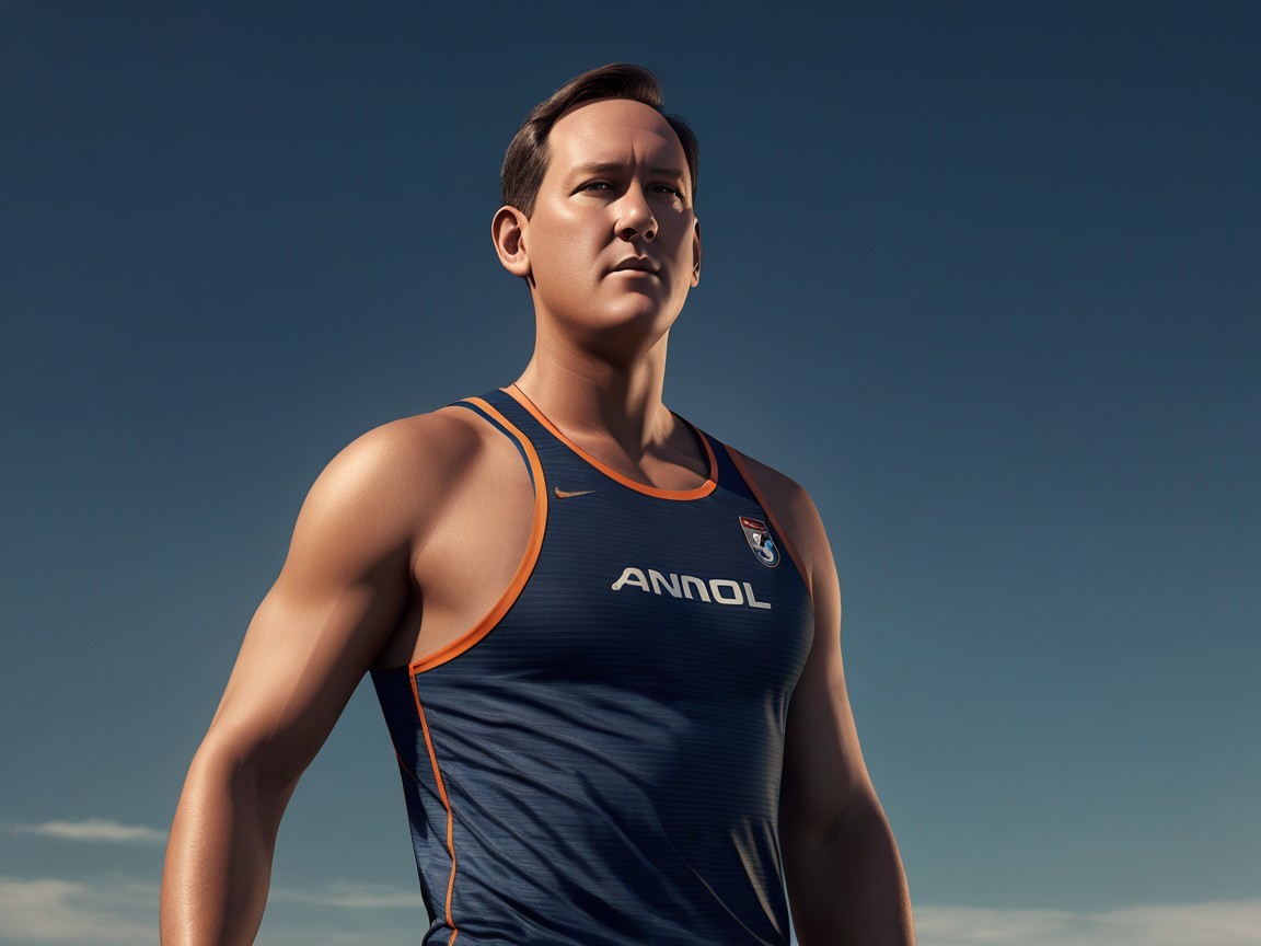 Athlete in Navy Sports Shirt Against Blue Sky