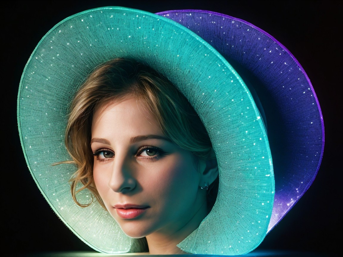 Close-up of a woman in a glowing oversized hat