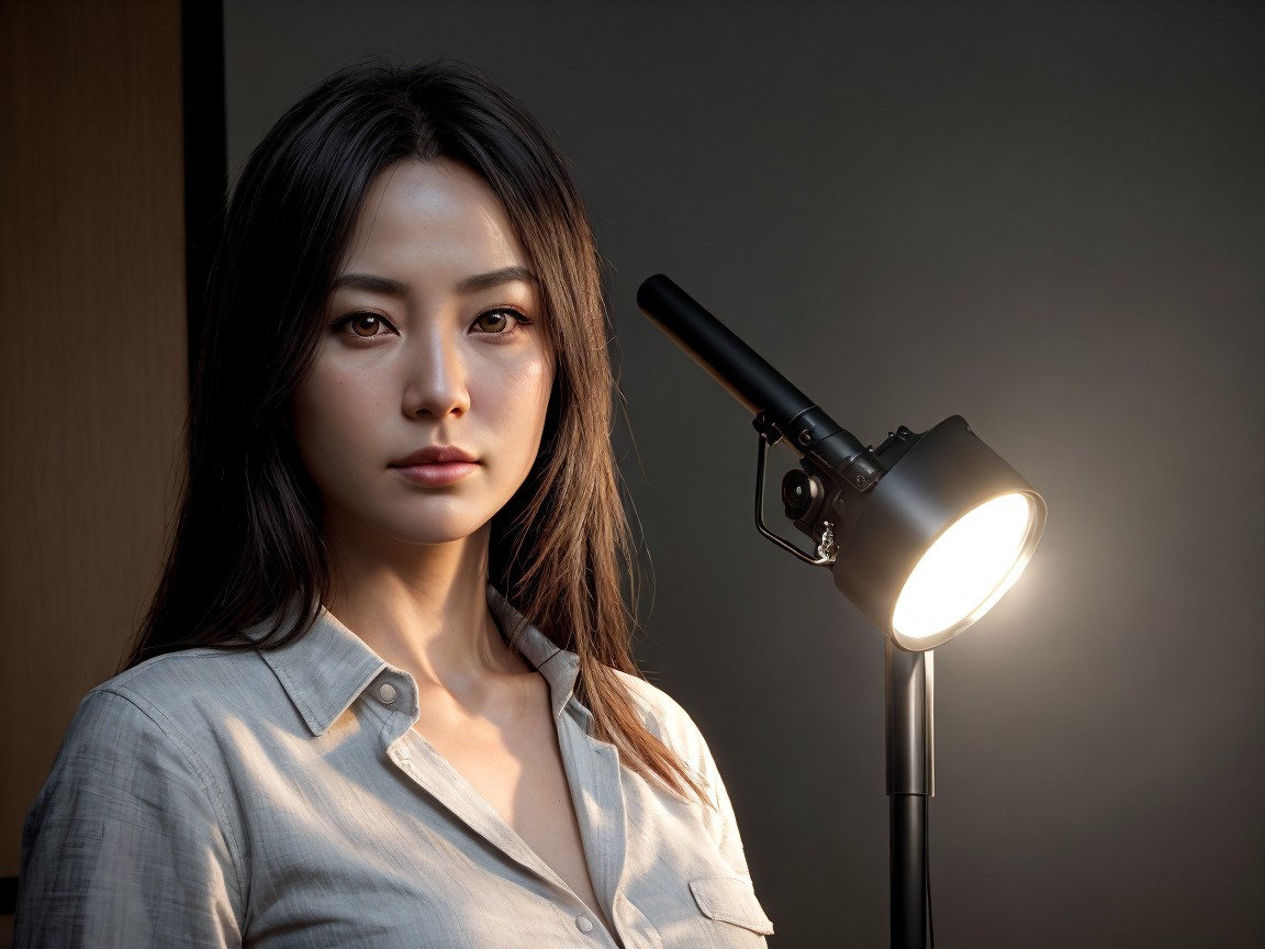 Woman with dark hair beside modern warm lamp