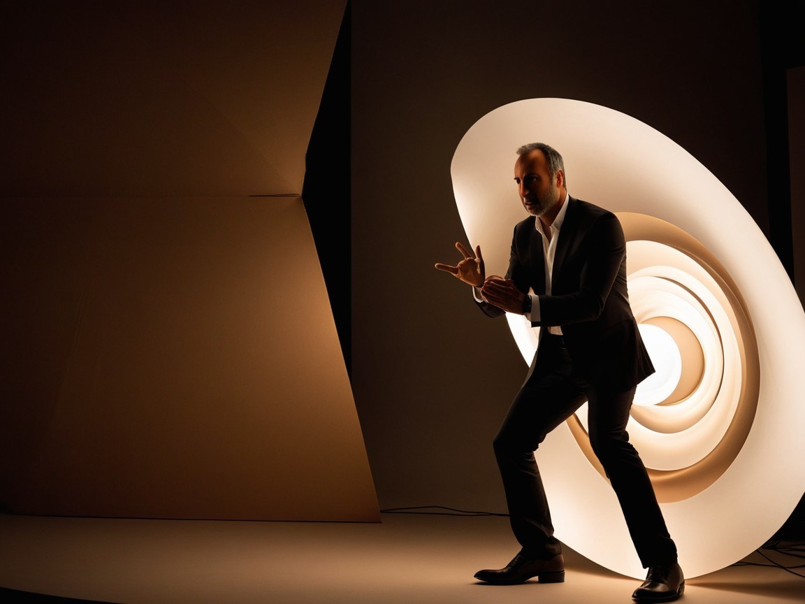 Stylish Man in Black Suit Against Light Installation