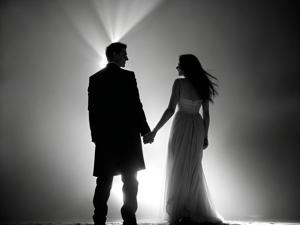 Couple Silhouette in Elegant Attire with Soft Light