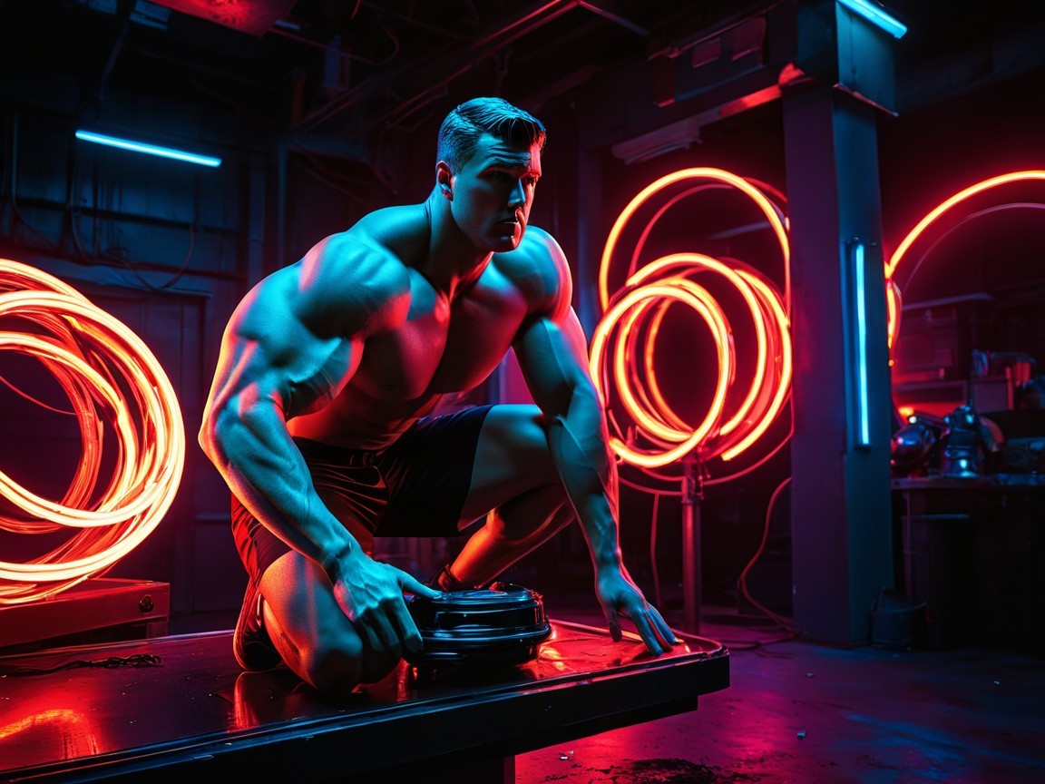 Muscular Man Posing with Weight Plate in Gym