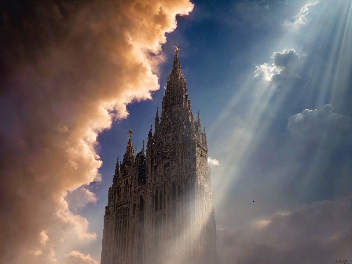 Gothic Cathedral Tower Against Dramatic Cloudy Sky