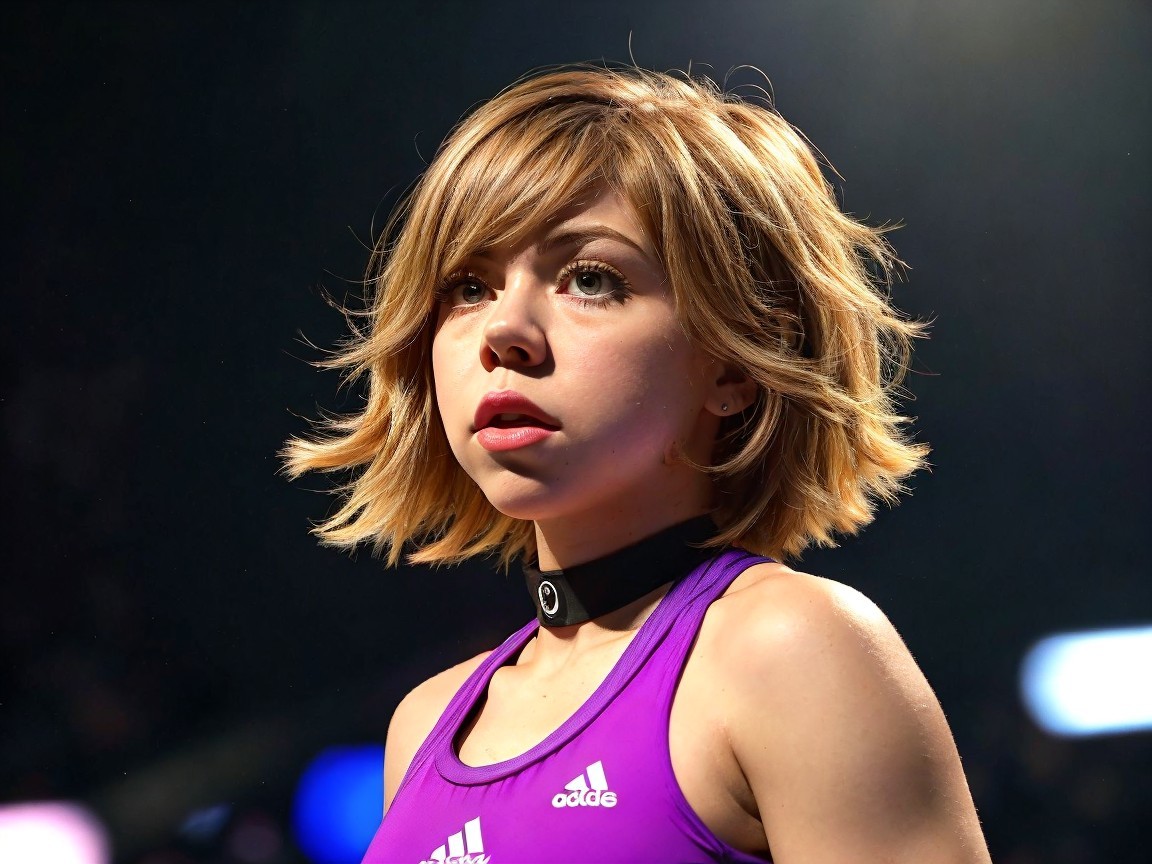 Young Athlete in Purple Sports Outfit on Stage
