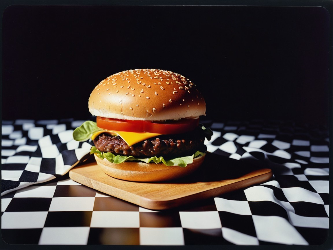 Cheeseburger with Fresh Ingredients on Wooden Board