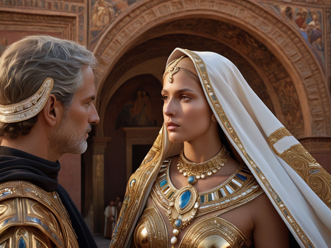 Regal Couple in Ornate Golden Attire and Architecture