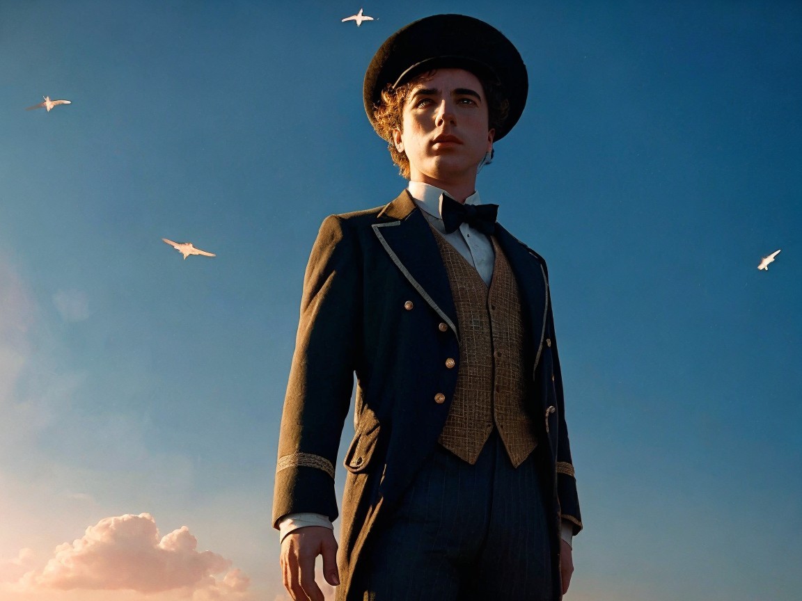 Young Man in Vintage Outfit Against Dramatic Sky
