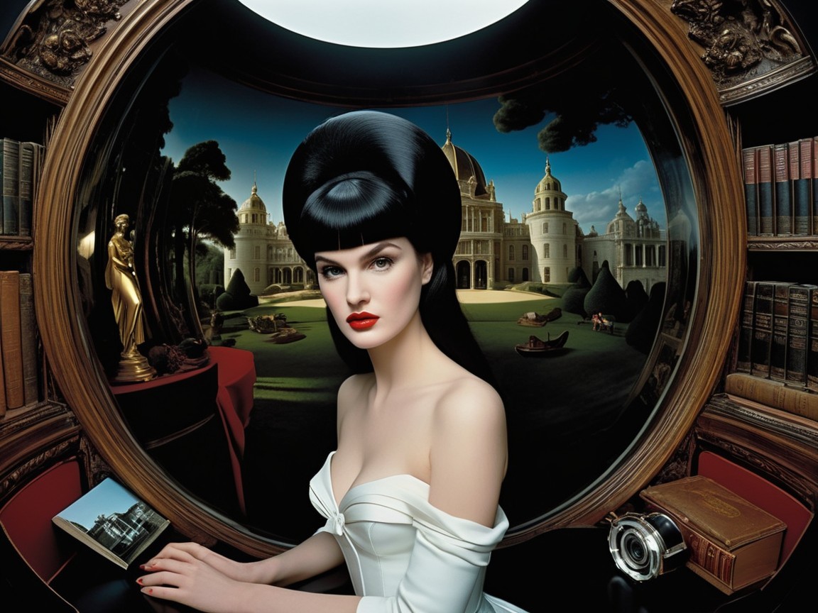 Elegant Woman in Surreal Landscape with Mansion