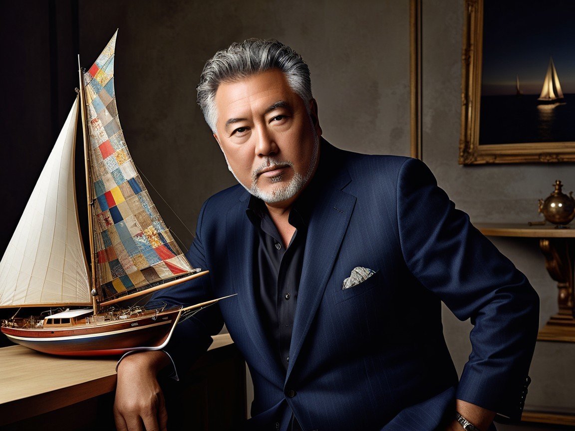 Elegant Man with Silver Hair by Sailboat Model