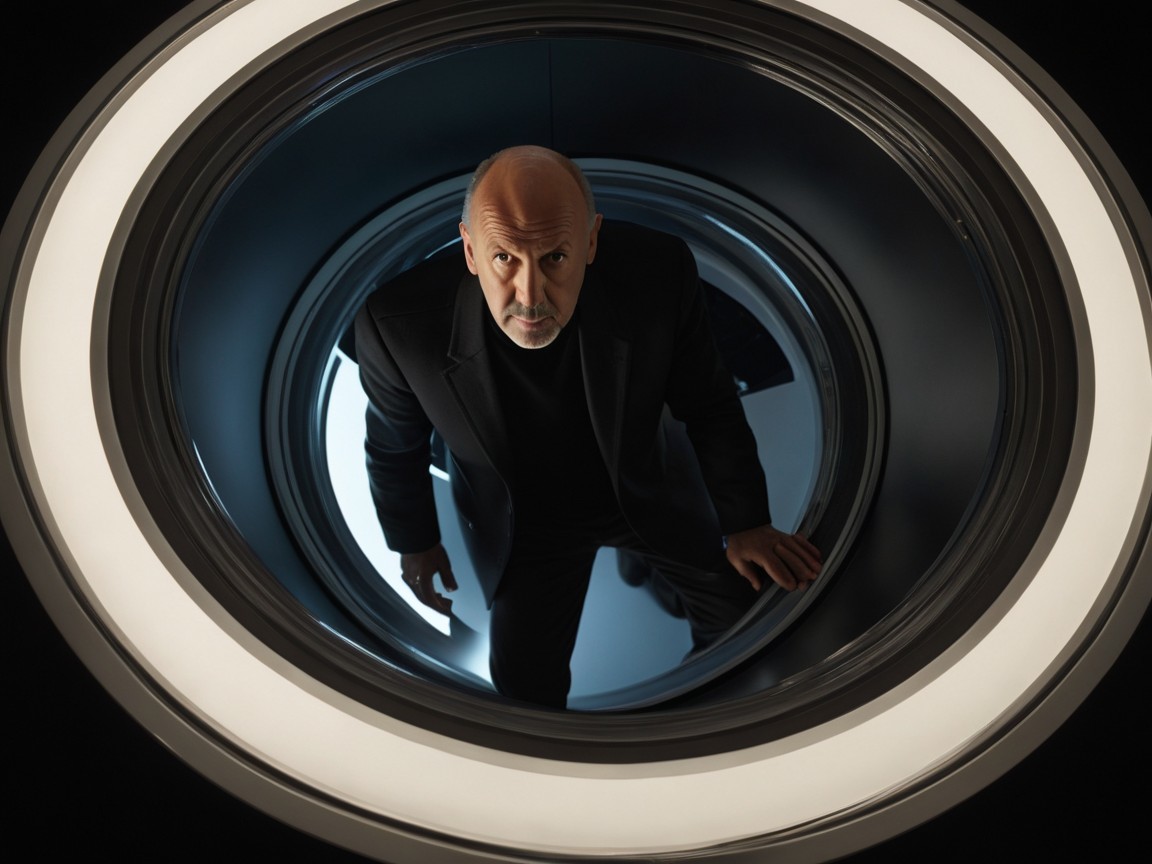 Man in Black Suit Framed by Circular Light