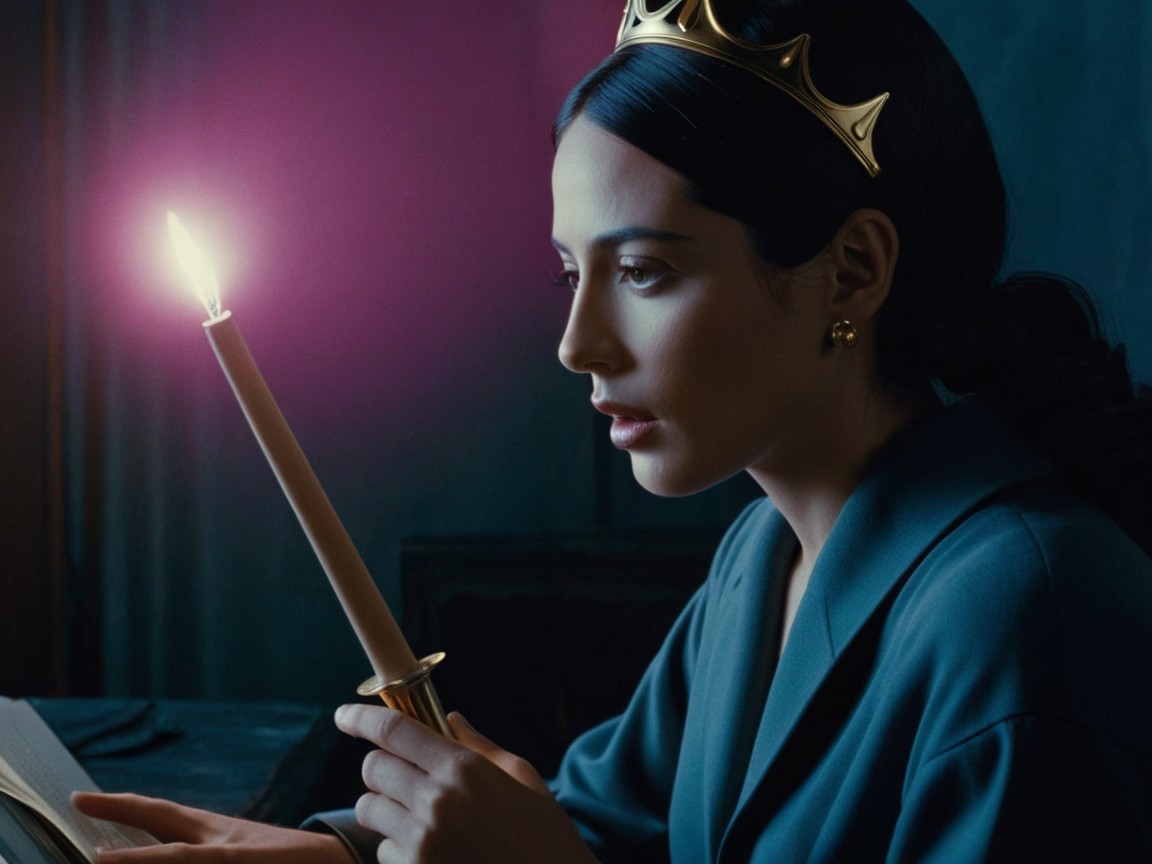 Regal Woman in Dimly Lit Room with Candle and Book