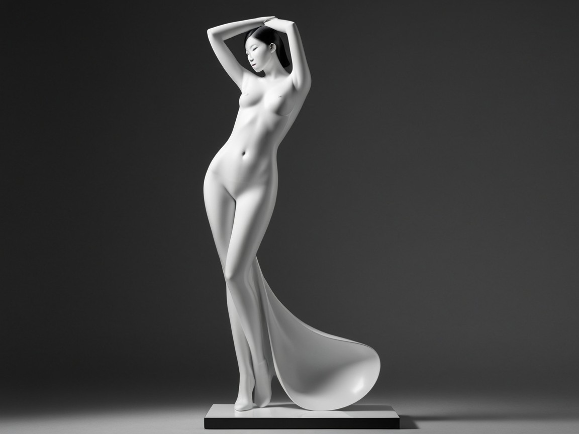 Sleek White Sculpture of Poised Figure with Drapery