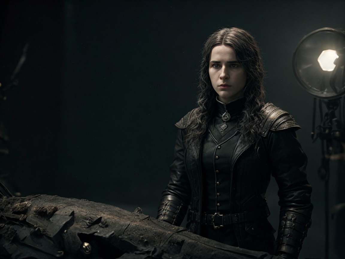 Young woman in dark outfit with dramatic lighting