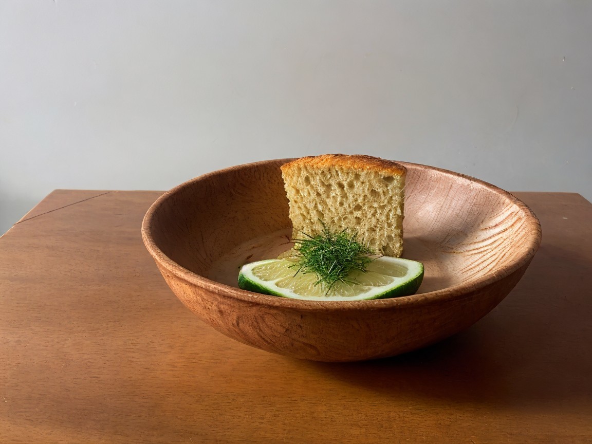 Rustic Wooden Bowl with Bread and Lime Slices