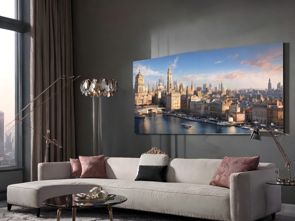 Stylish Living Room with Modern Sofa and Cityscape Art