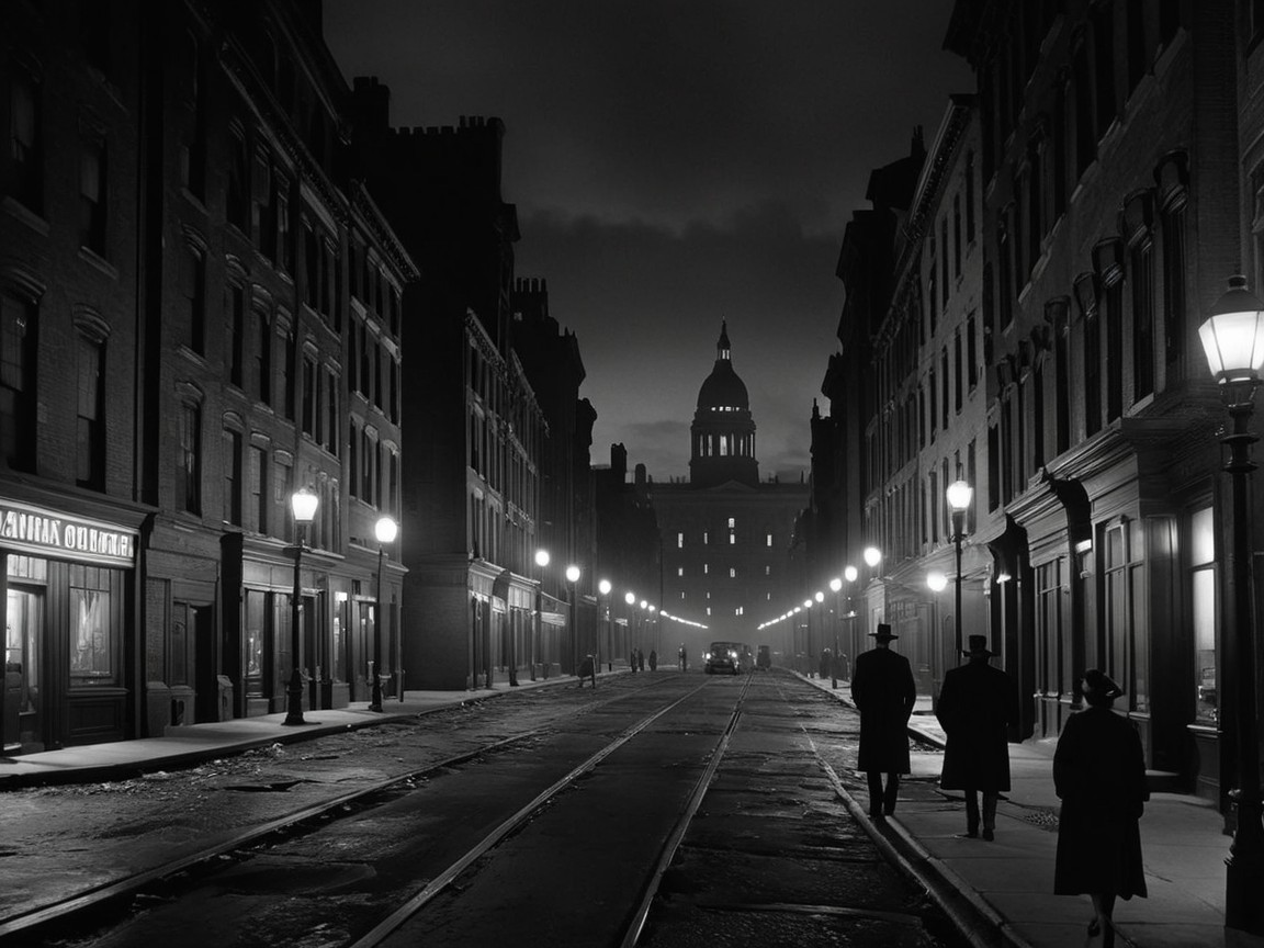 Deserted Vintage Street with Gas Lamps and Figures