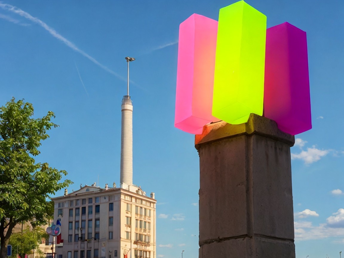 Colorful Geometric Lamp in Urban Street Scene