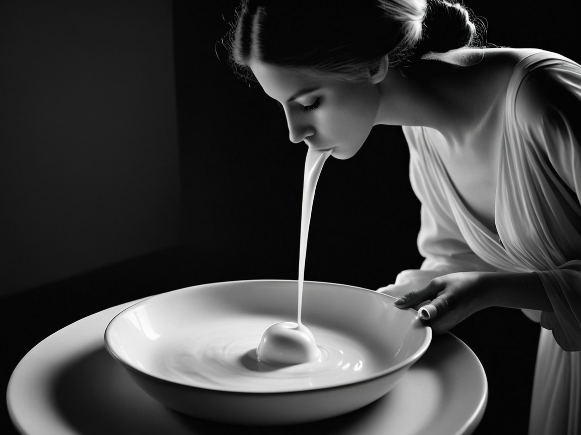 Black-and-white image of a woman pouring liquid into a bowl