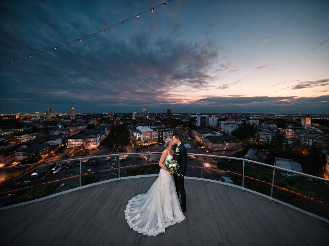 Romantic Rooftop Kiss with City Skyline at Dusk