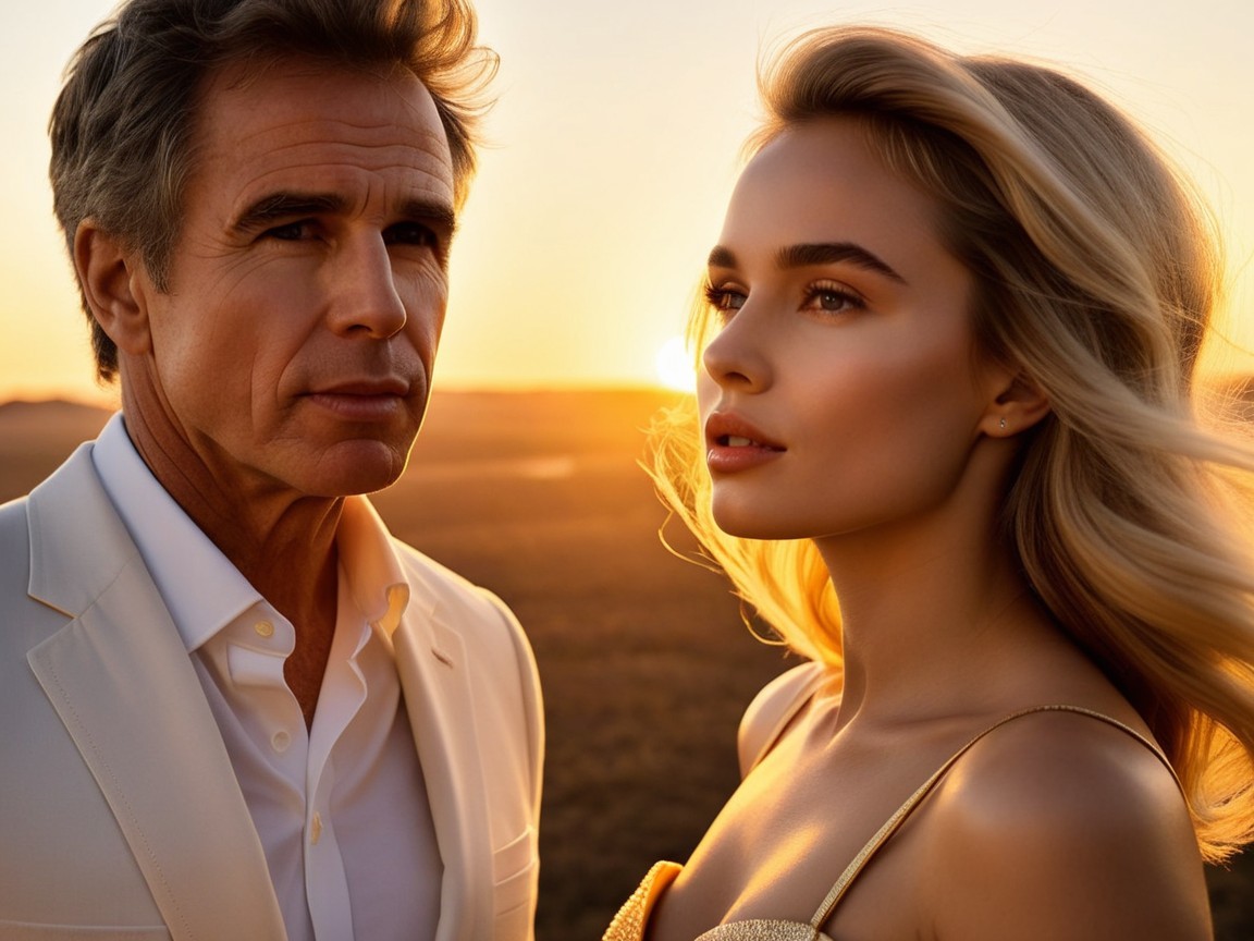Couple in Elegant Attire Against a Sunset Background