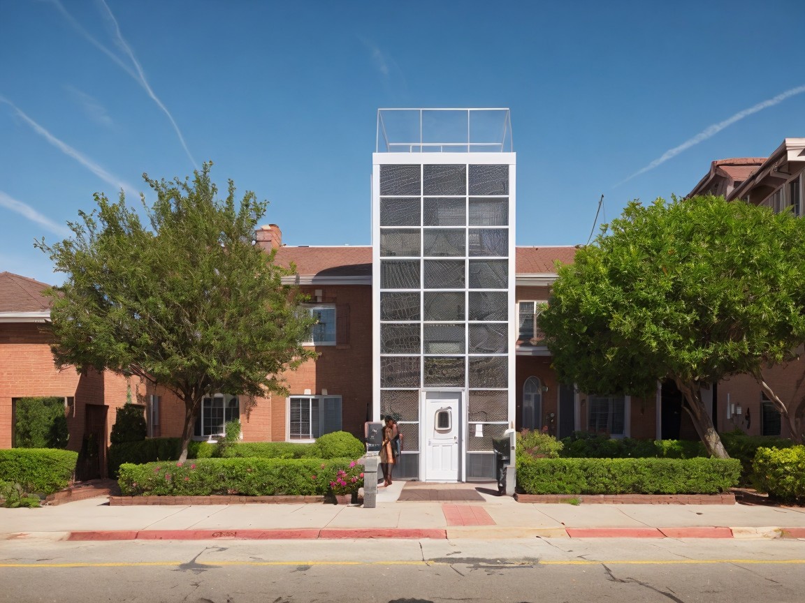 Modern Brick Building with Glass Elevator and Greenery