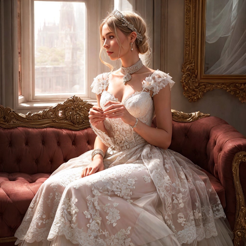 Bride in Lace Wedding Gown on Burgundy Sofa
