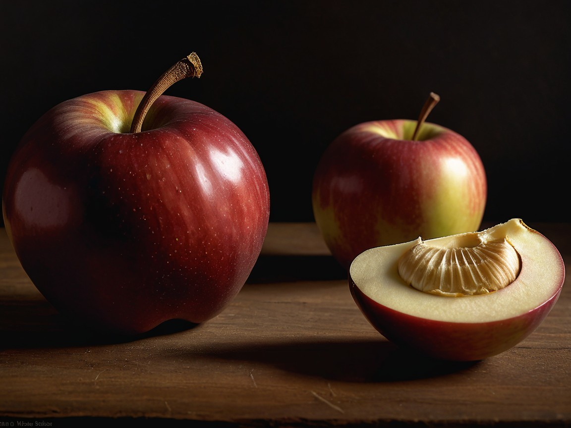 Still Life of Three Apples on Rustic Wooden Surface