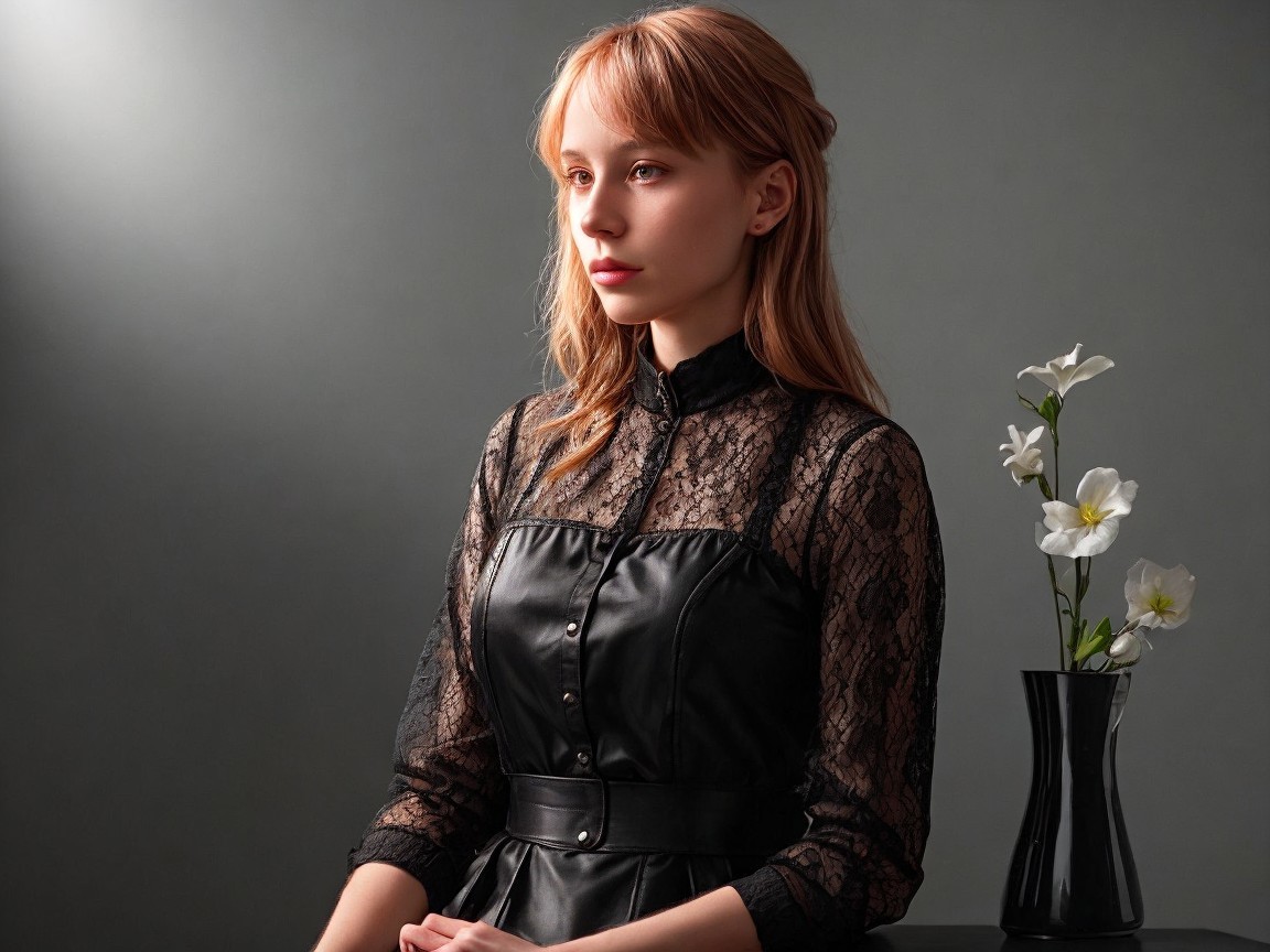 Young woman in lace dress beside white flowers