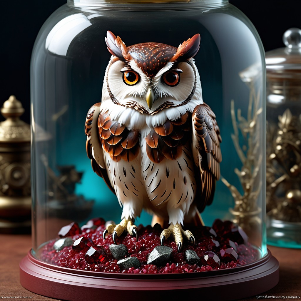 Owl Figurine Under Glass Dome with Vibrant Crystals